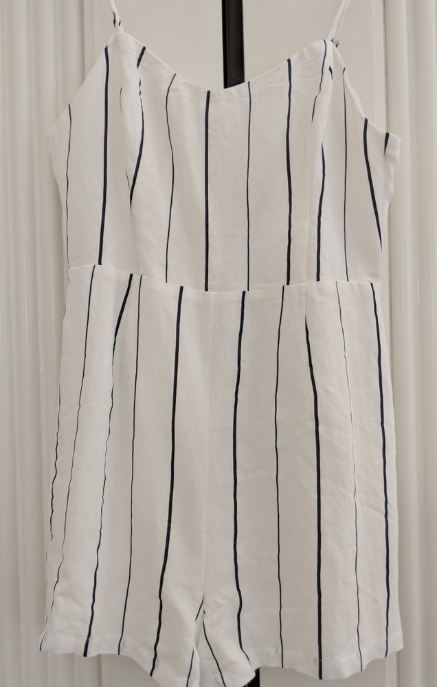 White and navy striped romper from Lush